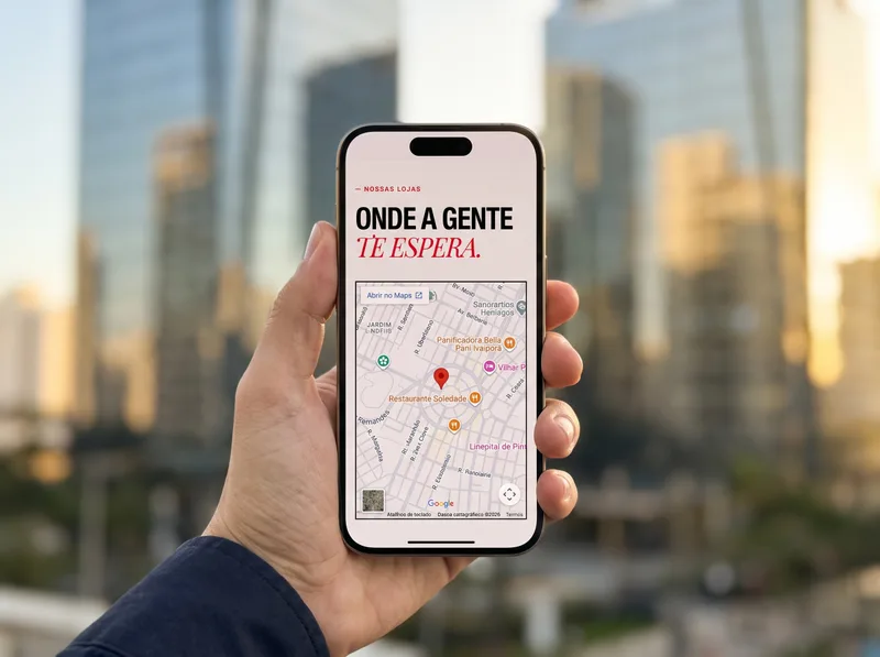 Site da Óticas Plaza aberto num celular, na página de lojas e mapa
